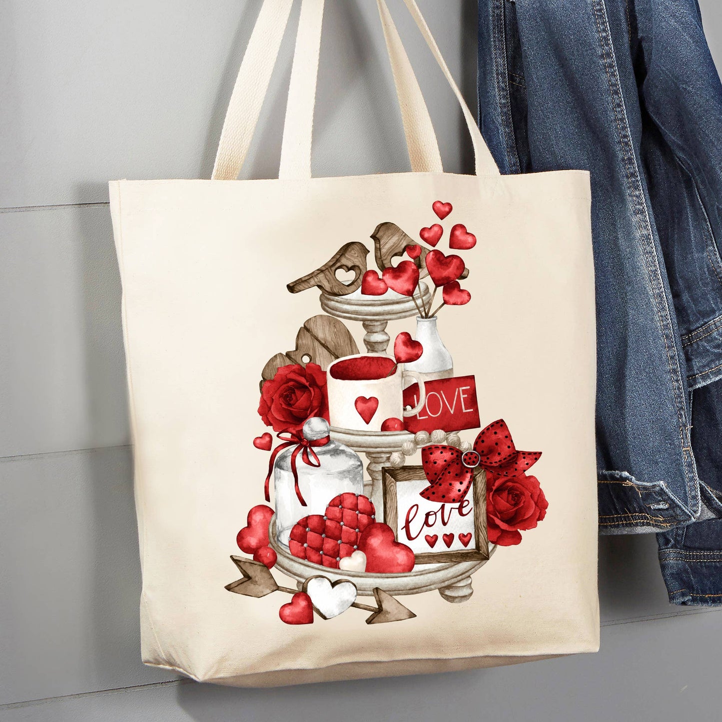 Valentine Red Hearts 3 Tier Tray 12 oz Cotton Tote Bag