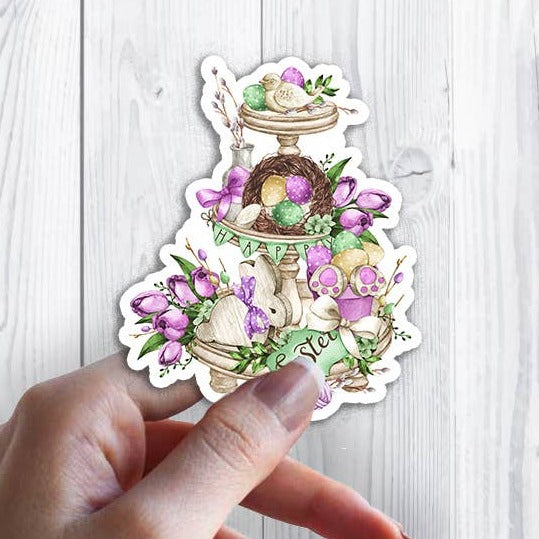 Happy Easter Purple 3 Tier Tray Sticker Waterproof Vinyl