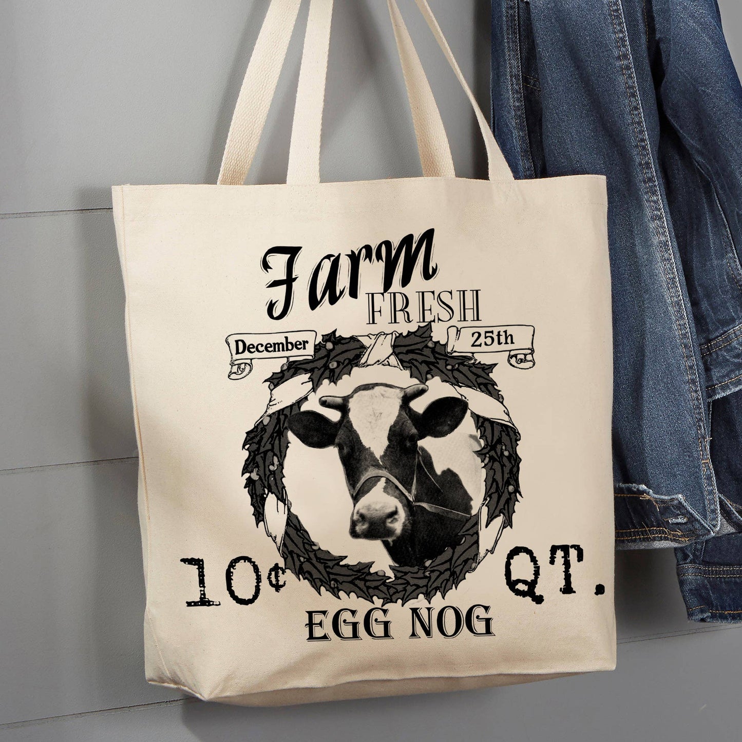 Farm Fresh Egg Nog Cow Wreath, 12 oz Tote Bag