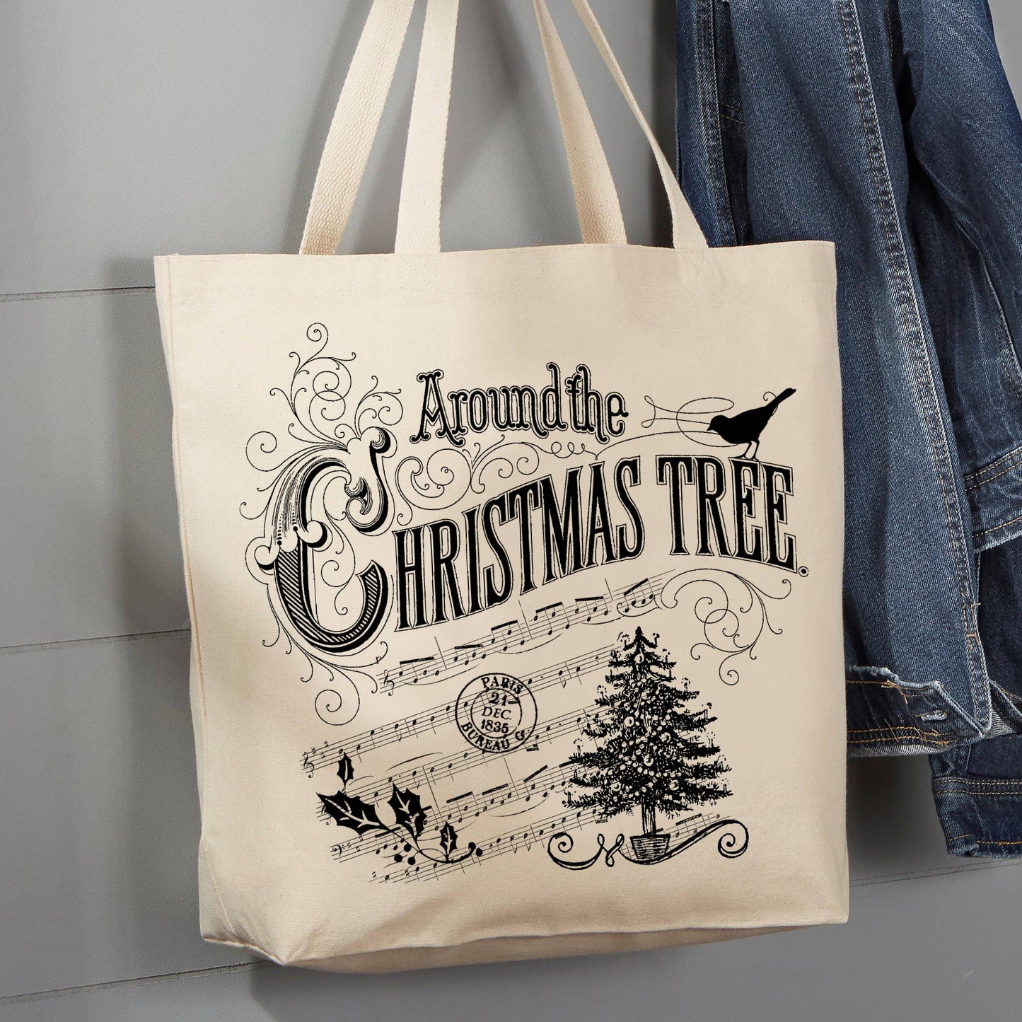Around the Christmas Tree Music, 12 oz Tote Bag