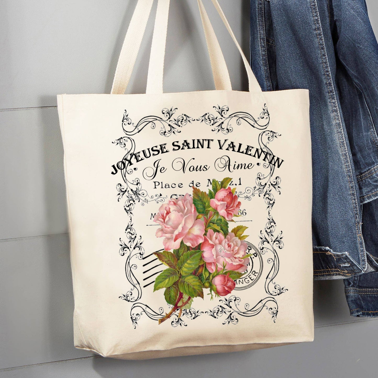 French Vintage Valentine Roses 12 oz Cotton Tote Bag