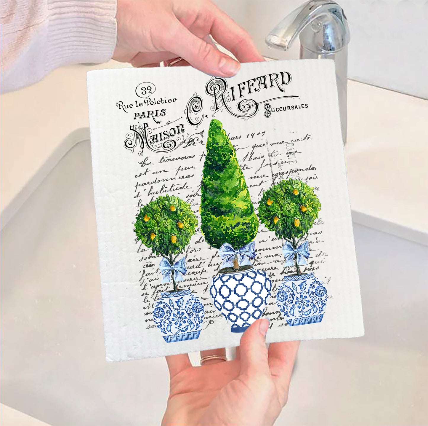 Blue & White Chinoiserie Topiaries Trees Swedish Dish Cloth