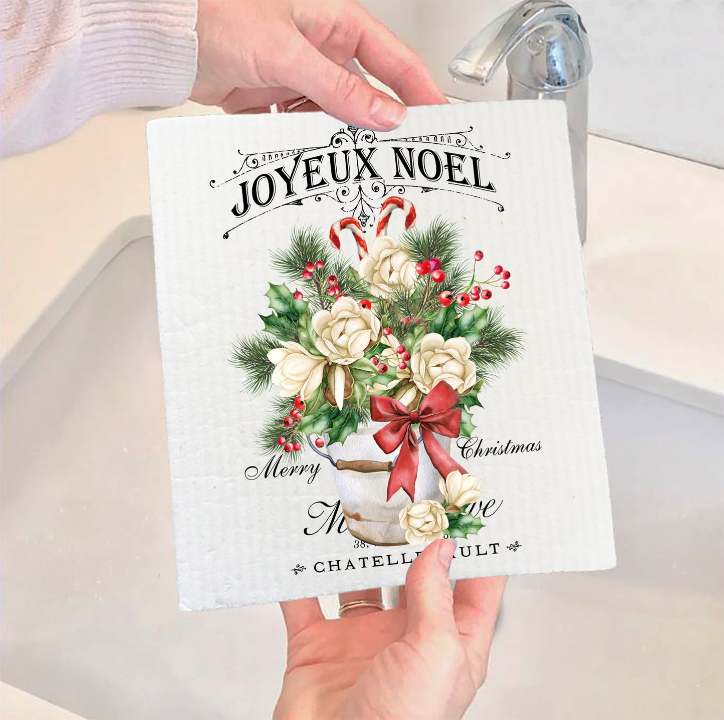Christmas French Joyeux Noel Magnolia Flowers Swedish Dish Cloth
