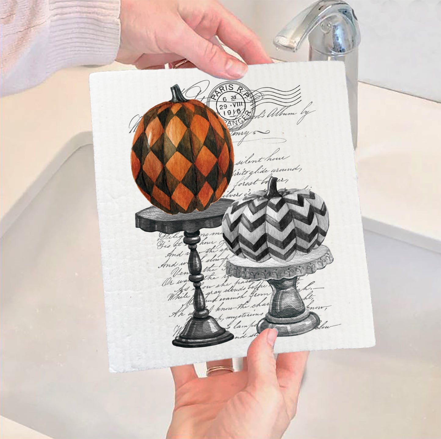 Halloween Checkered Stacked Pumpkins Swedish Cloth