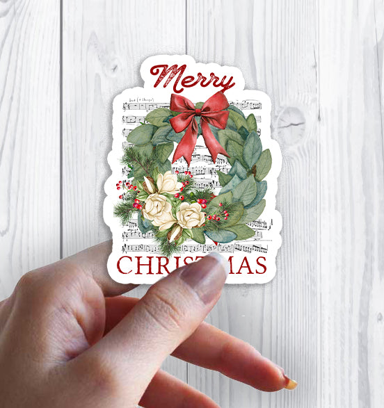 Merry Christmas Magnolia Flowers Wreath Sticker Decal