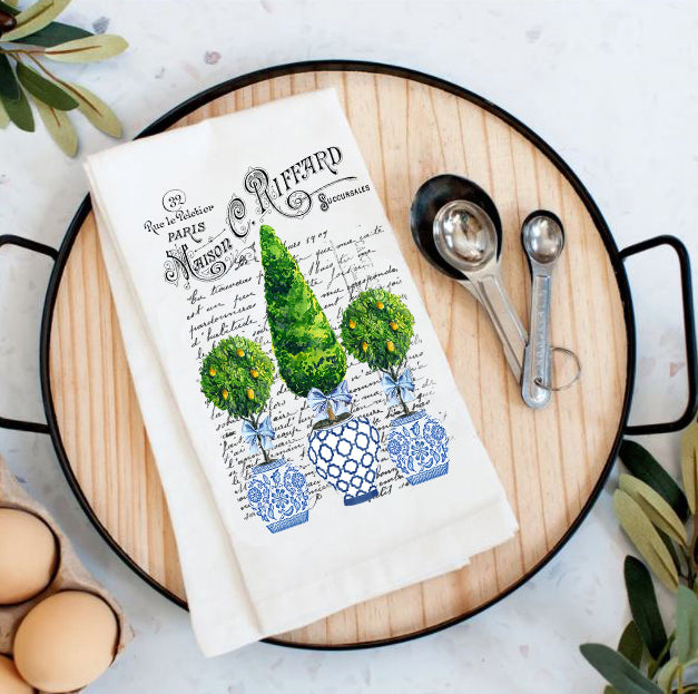 Blue & White Chinoiserie Topiaries Trees Cotton Tea Towels