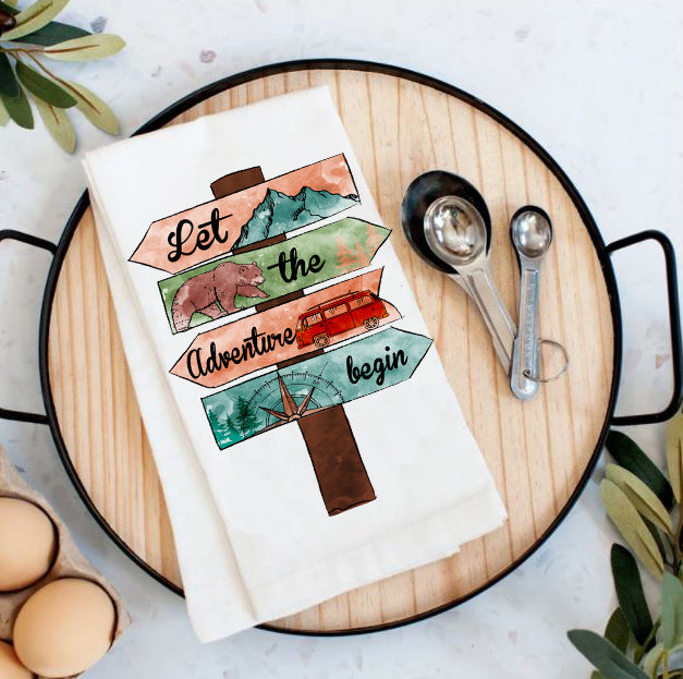 Let Adventure Begin camping hiking traveling Tea Towel