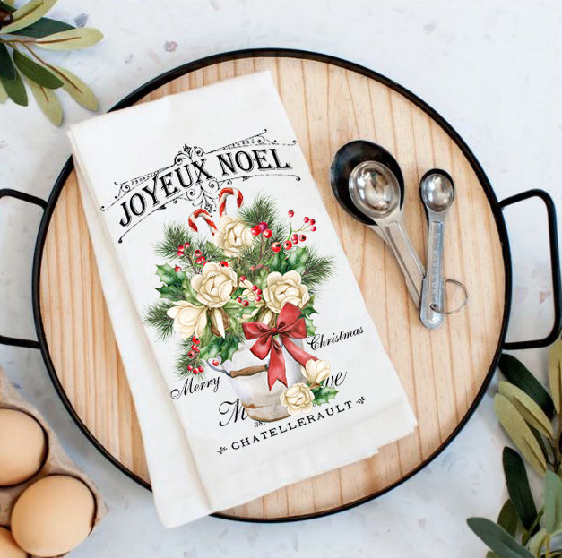 Christmas French Joyeux Noel Magnolia Flowers Tea Towel