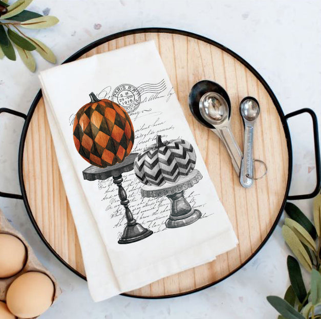 Halloween Checkered Stacked Pumpkins Tea Towels