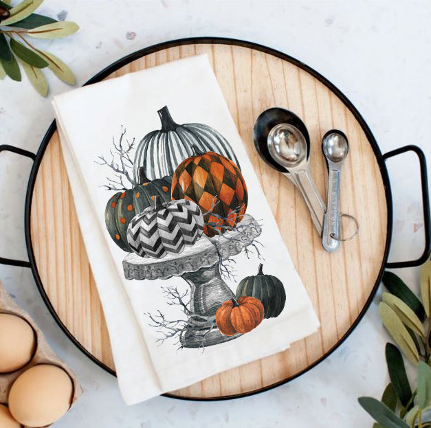 Halloween Checkered Stacked Pumpkins Tea Towels