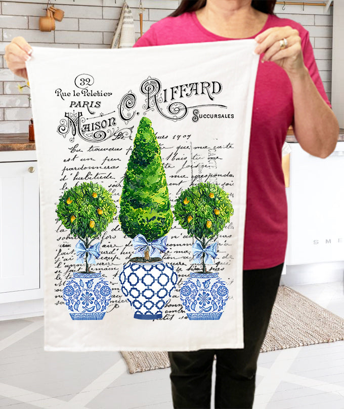 Blue & White Chinoiserie Topiaries Trees Cotton Kitchen Terry Cloth Towels