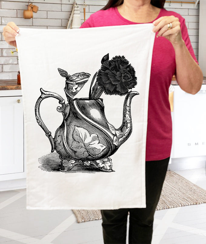 Tea Pot with Flowers, Cotton Terry Towels