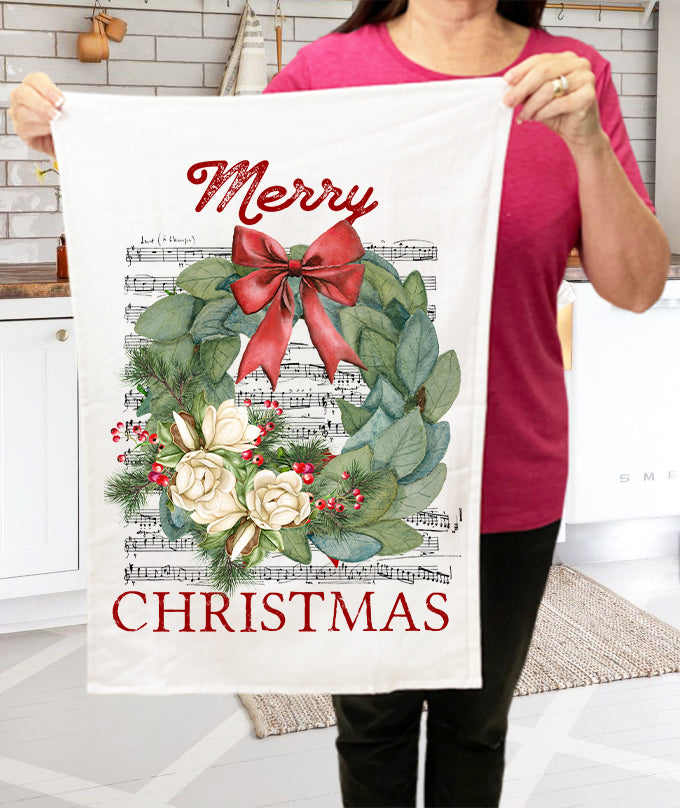 Merry Christmas Magnolia Flowers Wreath Cotton Terry Towel