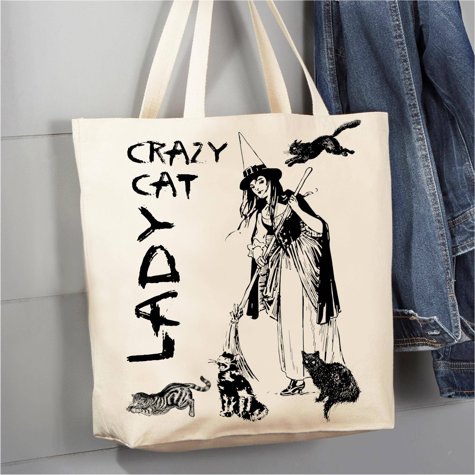 Crazy Cat Lady Witch Halloween 12 oz Canvas Tote Bag