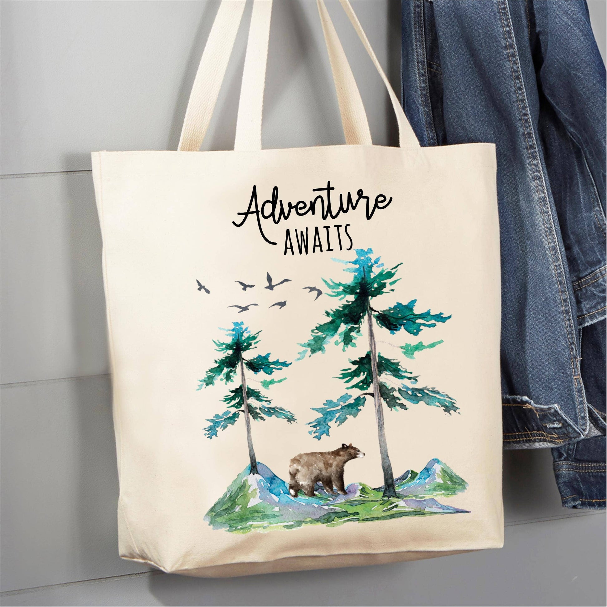 Adventure Awaits Camping Mountains 12 oz  Canvas Tote Bag