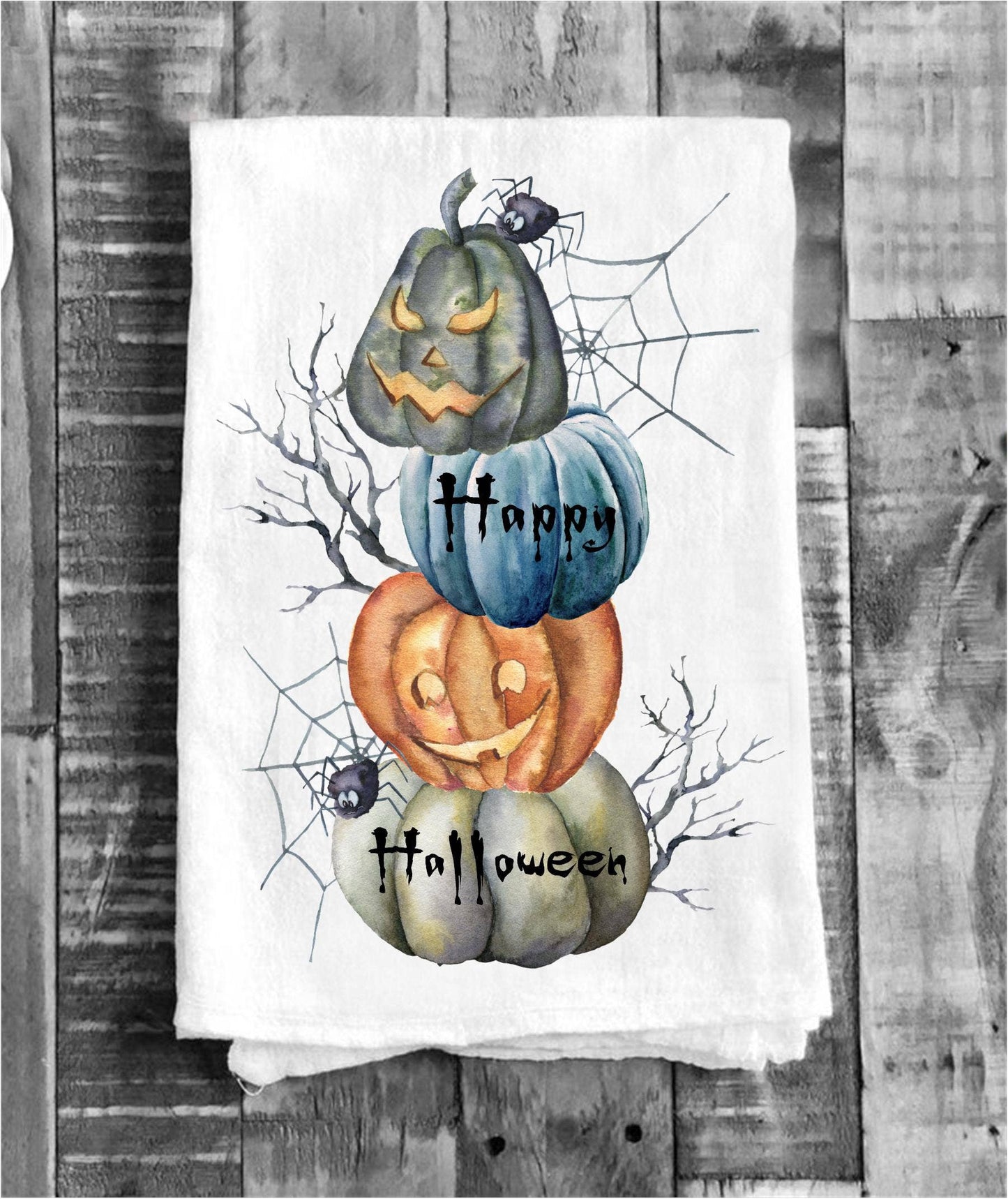 Happy Halloween Stacked Pumpkins Cotton Tea Towels Kitchen