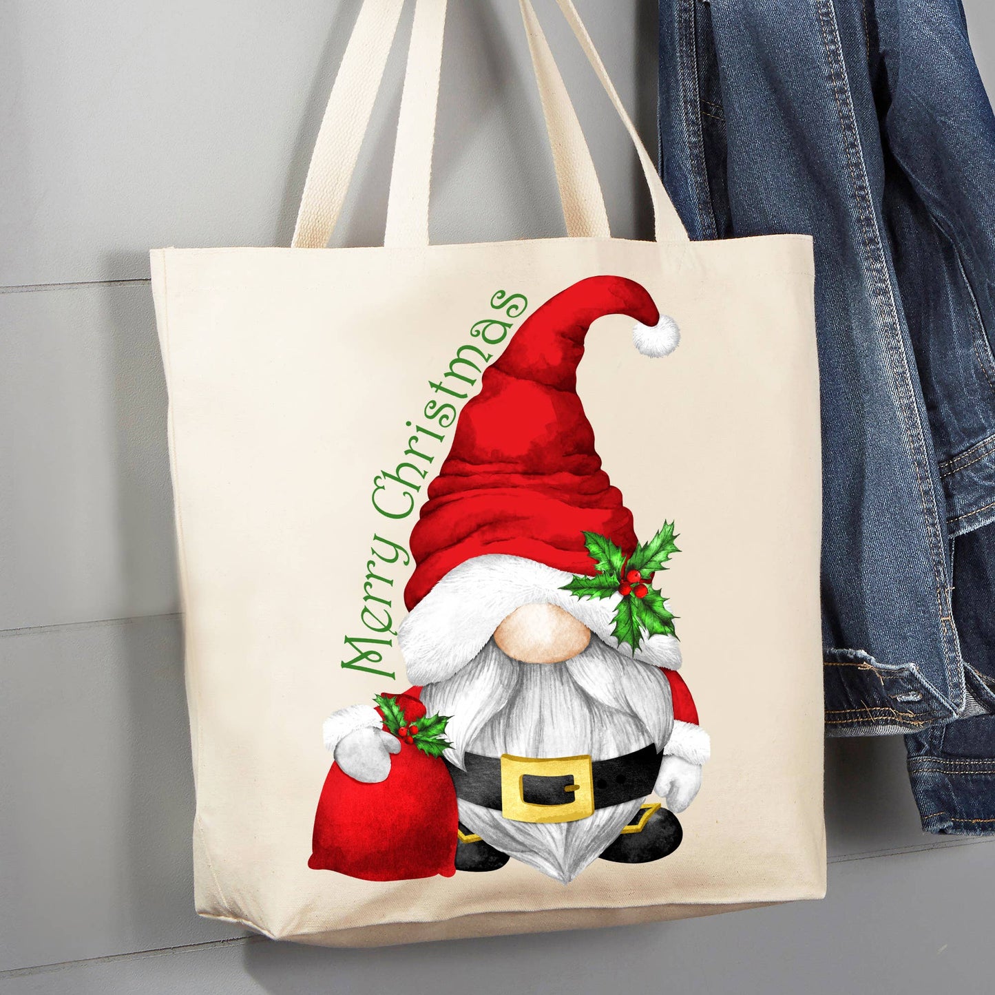 Merry Christmas Gnome Santa Claus 12 oz Canvas Tote Bag