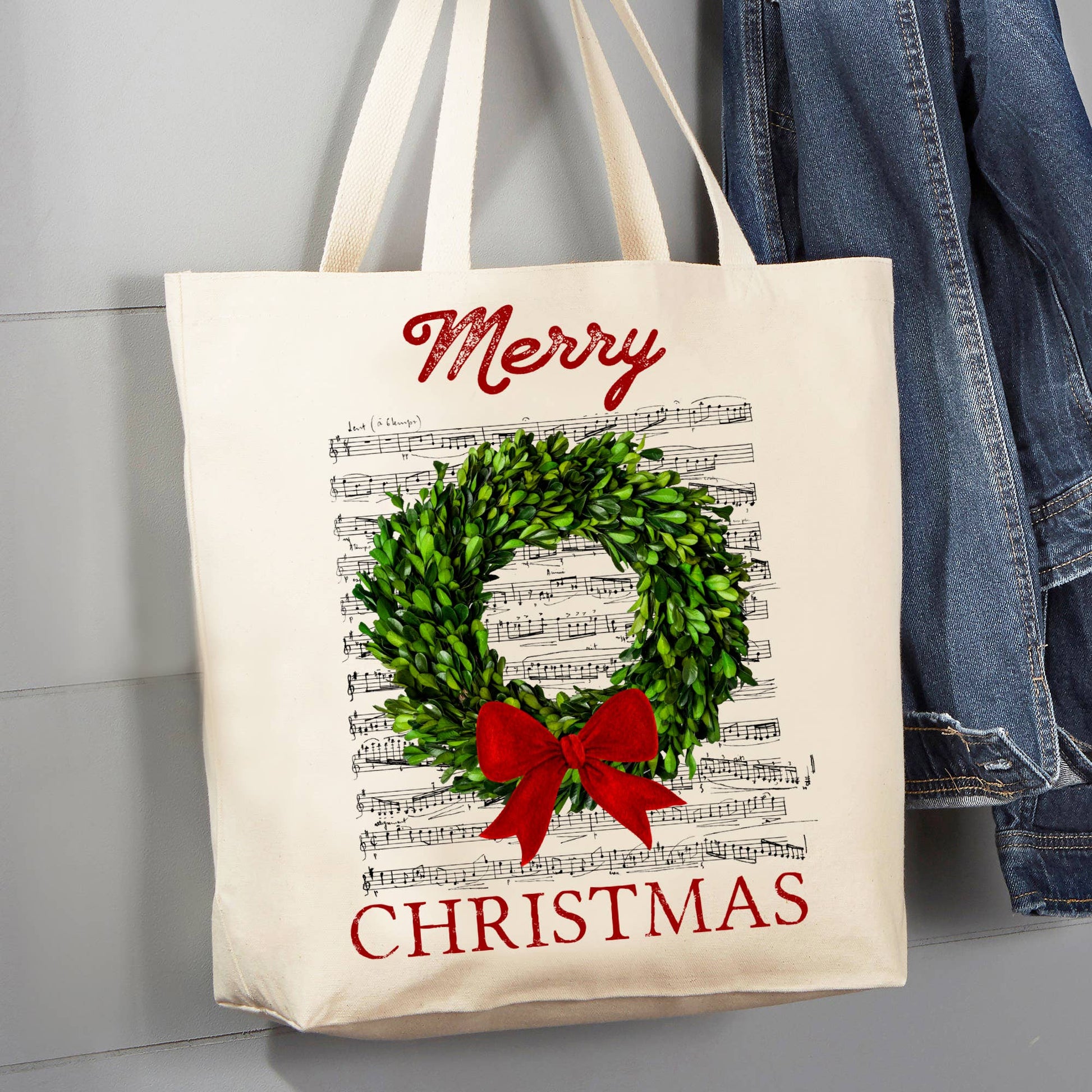 Merry Christmas Boxwood Wreath 12 oz Canvas Tote Bag