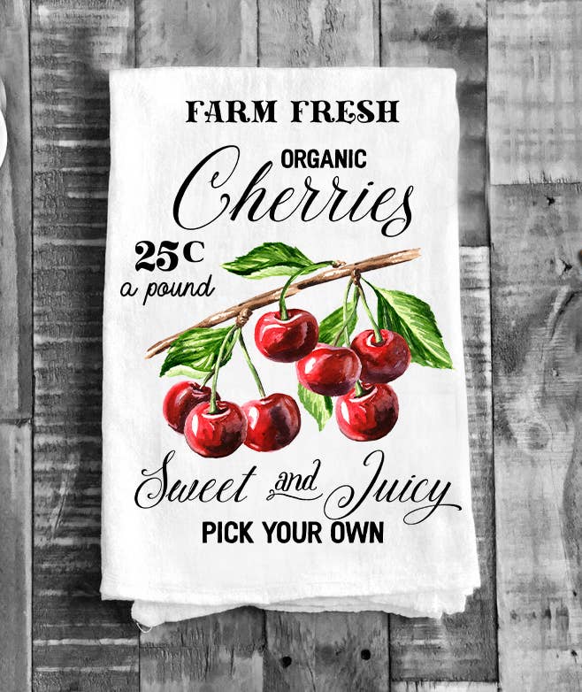 Farm Fresh Organic Cherries Kitchen Cotton Tea Towels
