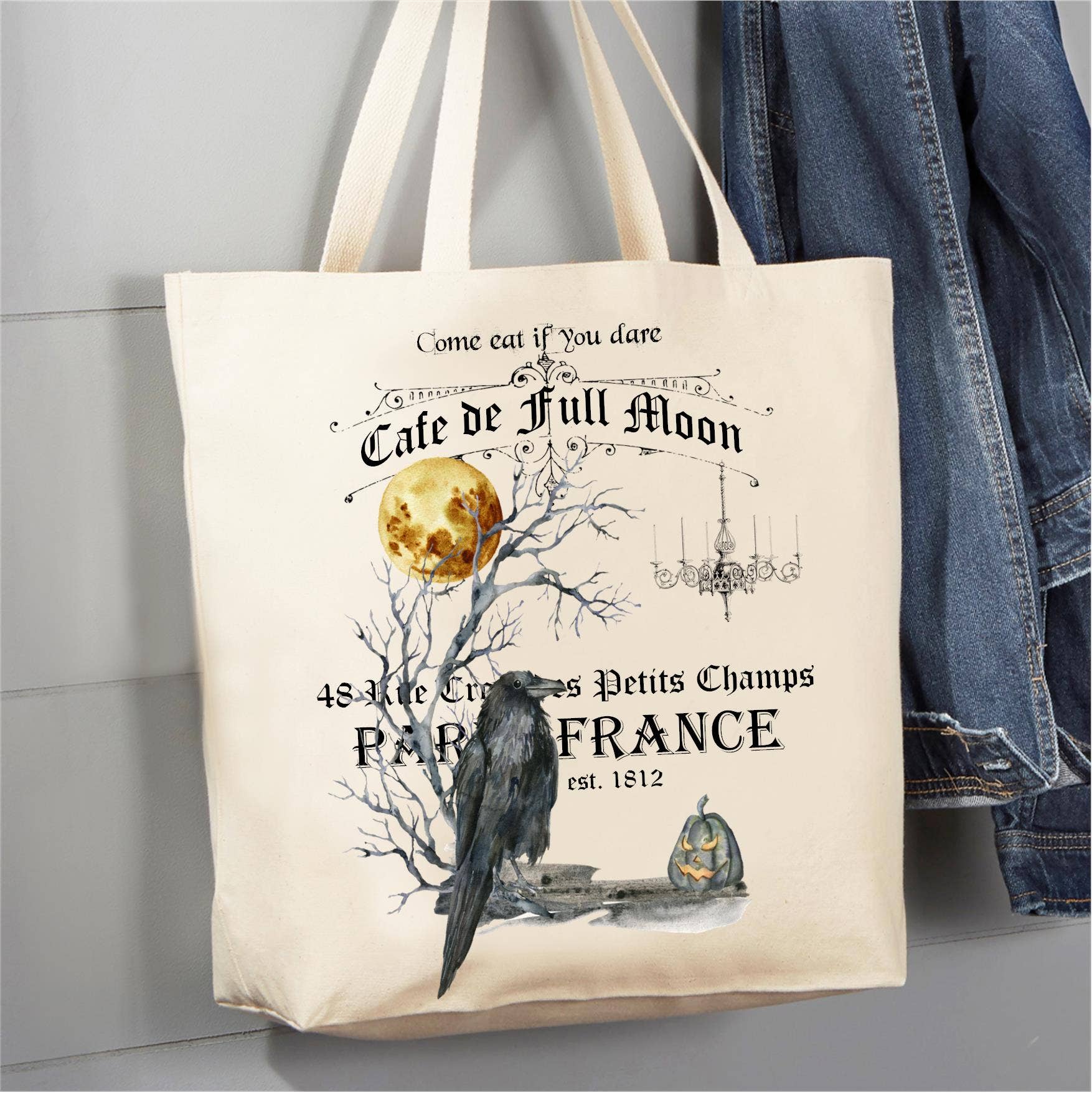 Cafe De Full Moon Paris Halloween Crow 12 oz Canvas Tote Bag