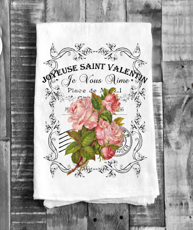 French Vintage Valentine Roses Flour Sack Cotton Tea Towels