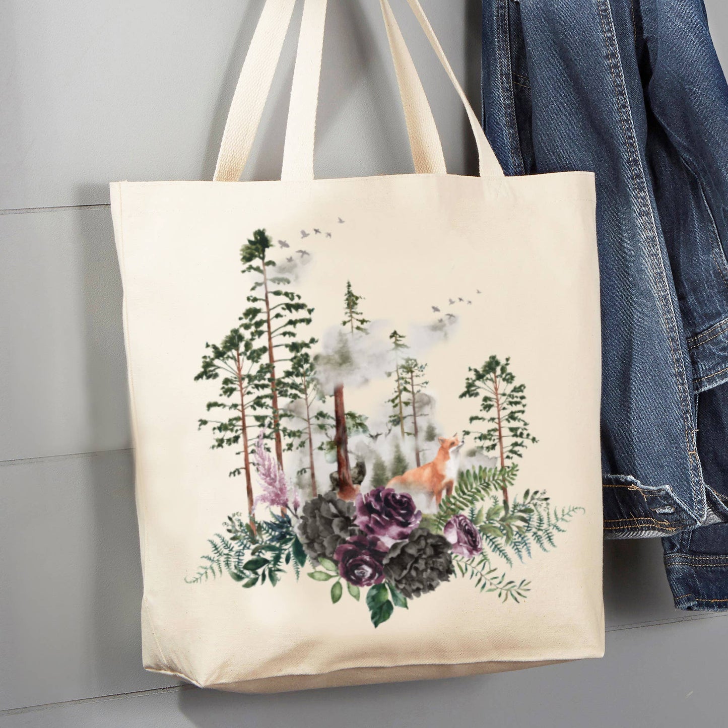 Fox Forest Trees Nature, 12 oz Canvas Tote Bag Grocery