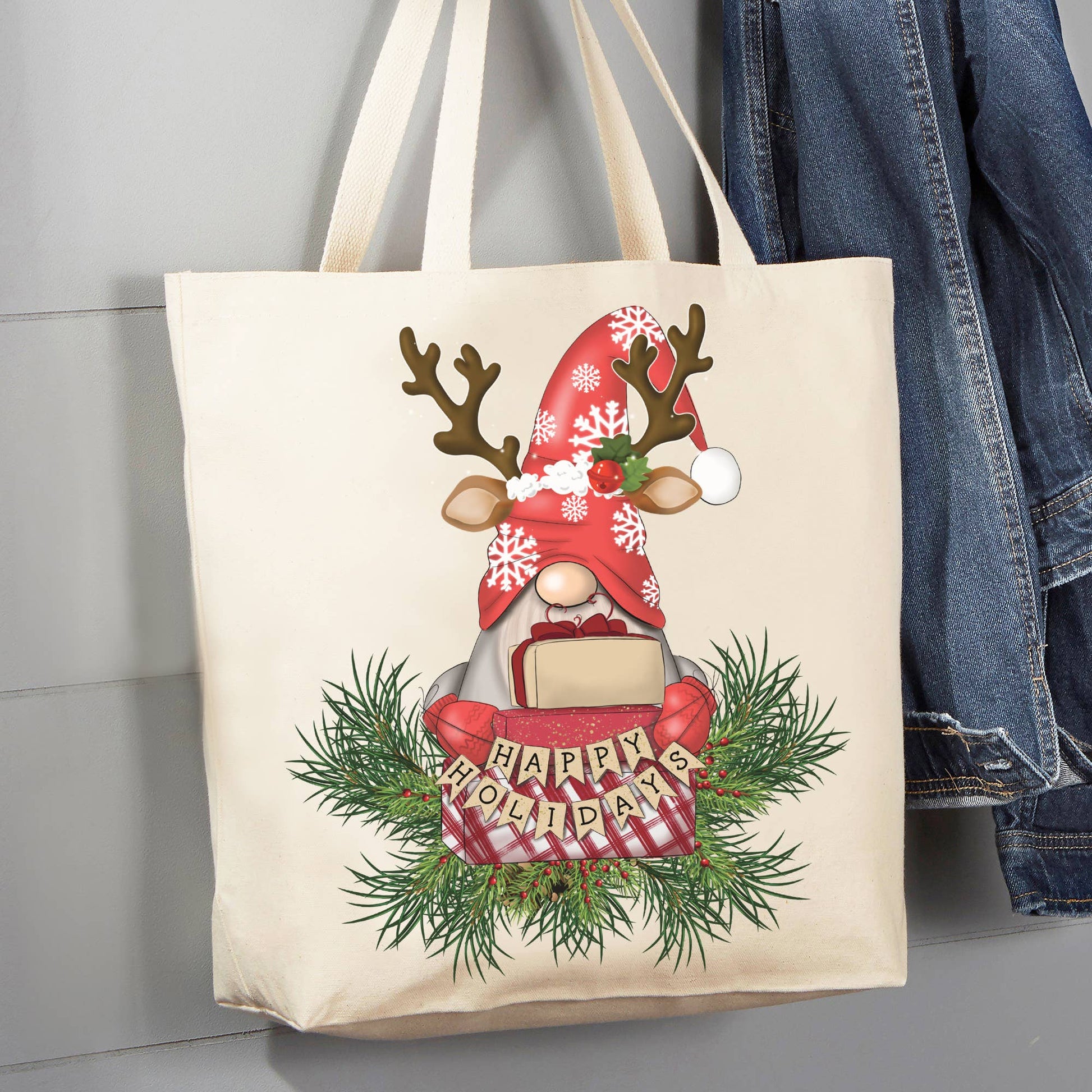 Christmas Gnome Happy Holiday 12 oz Canvas Tote Bag