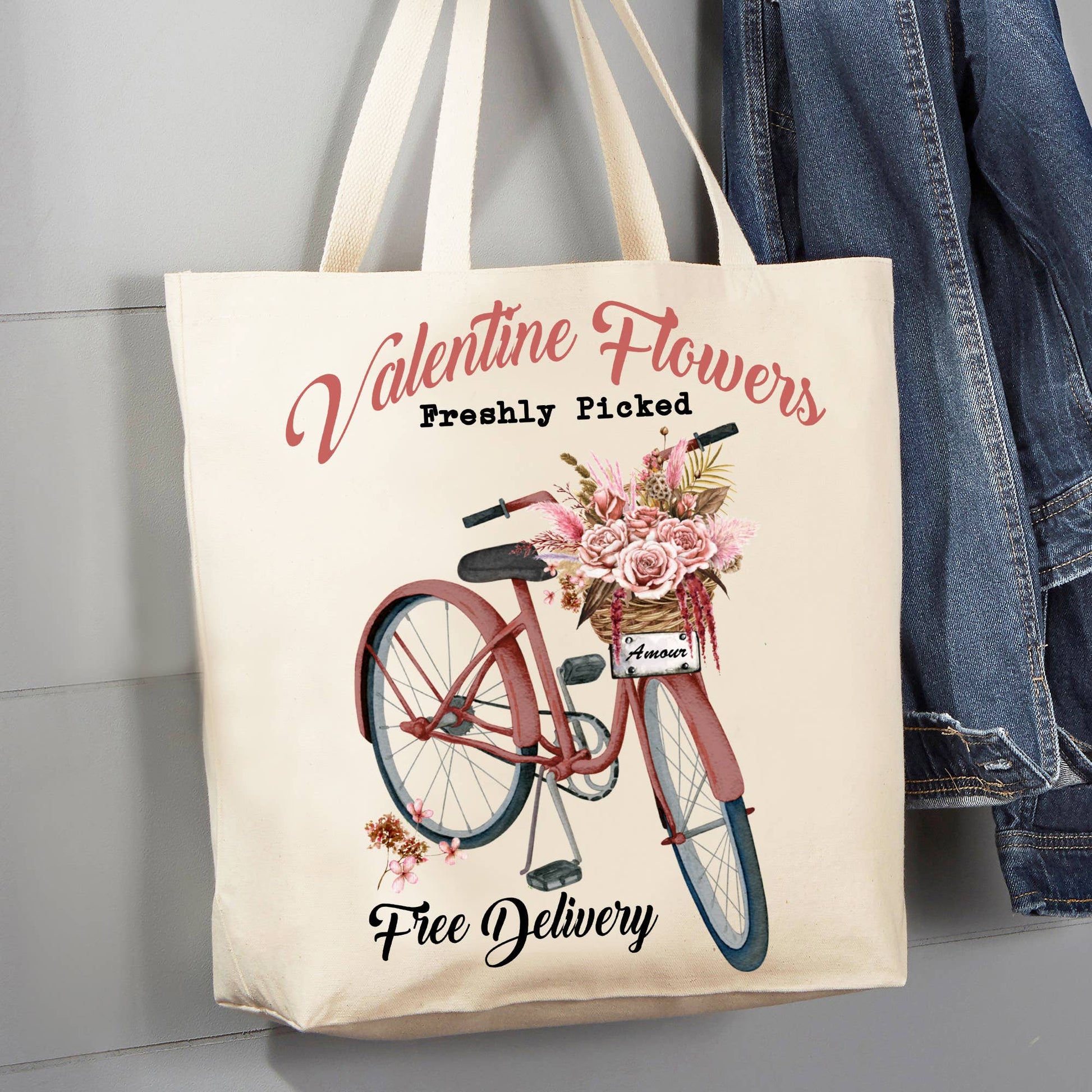 Valentine Flowers Pink Bicycle 12 oz Cotton Tote Bag