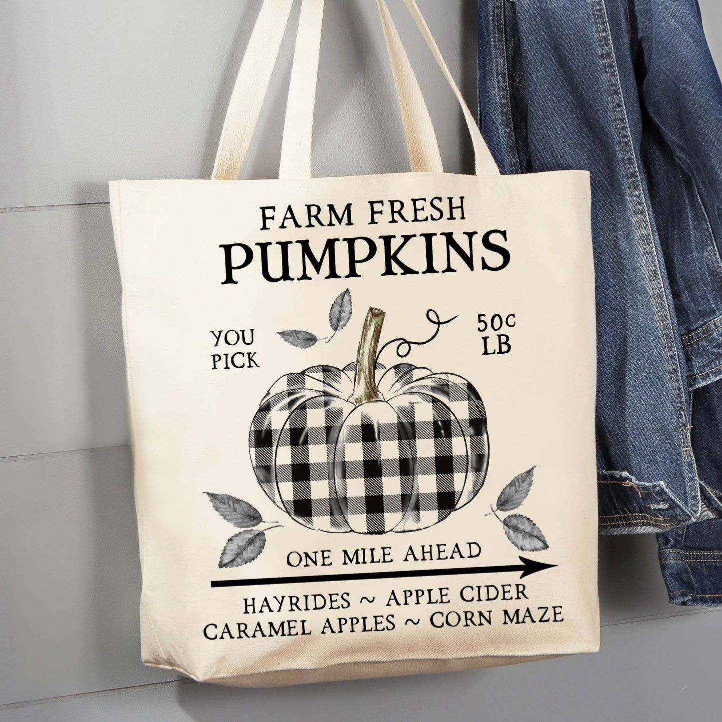 Fall Autumn Plaid Pumpkin 12 oz Cotton Canvas Tote Bag