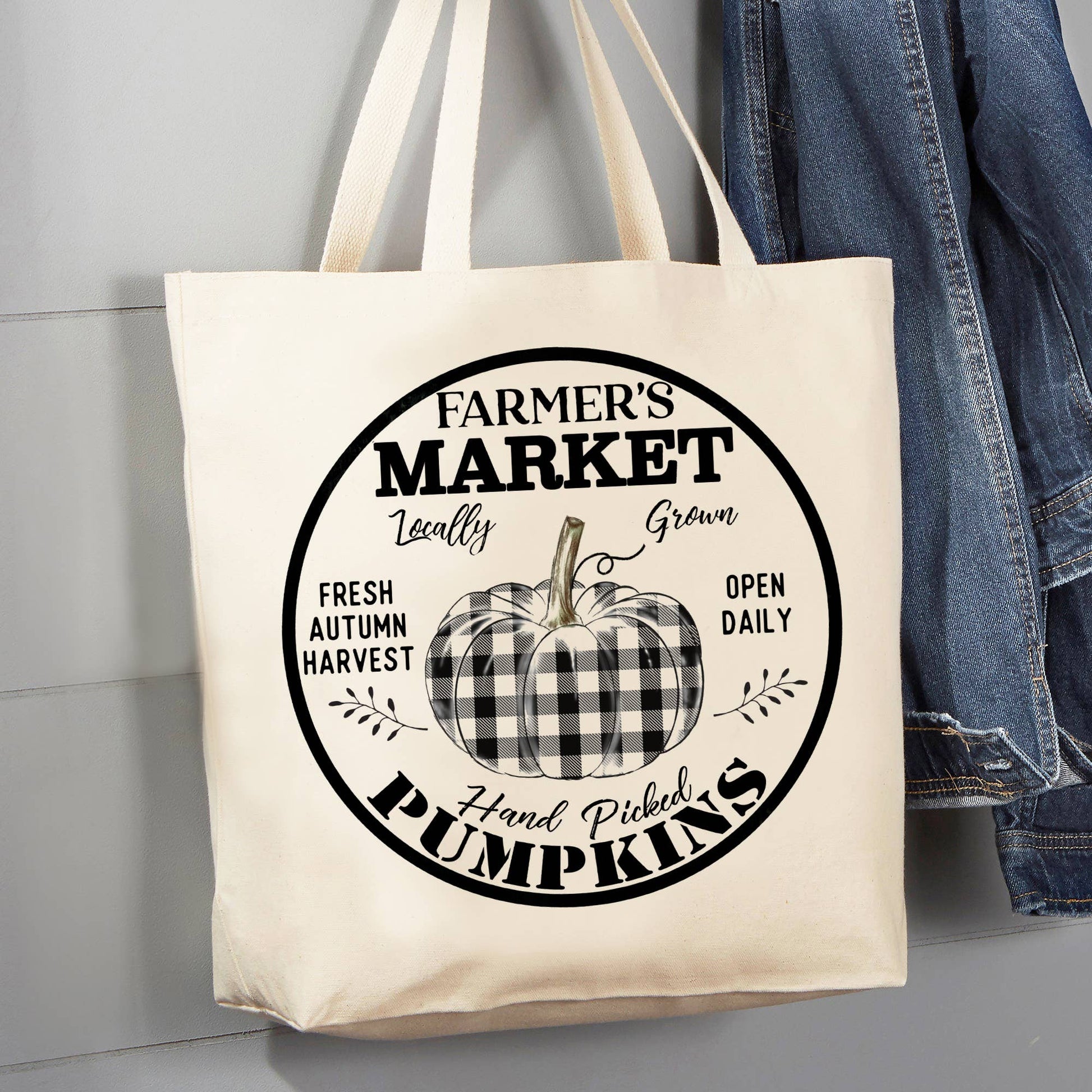 Fall Autumn Farmers Plaid Pumpkin 12 oz Canvas Tote Bag