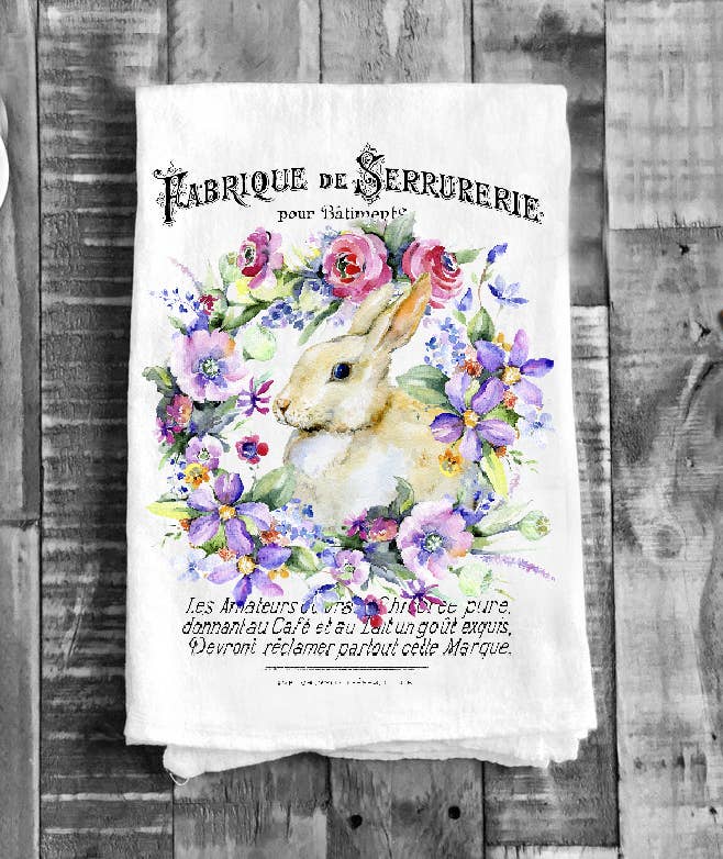 Easter French Bunny Flowers Cotton Flour Sack Tea Towel