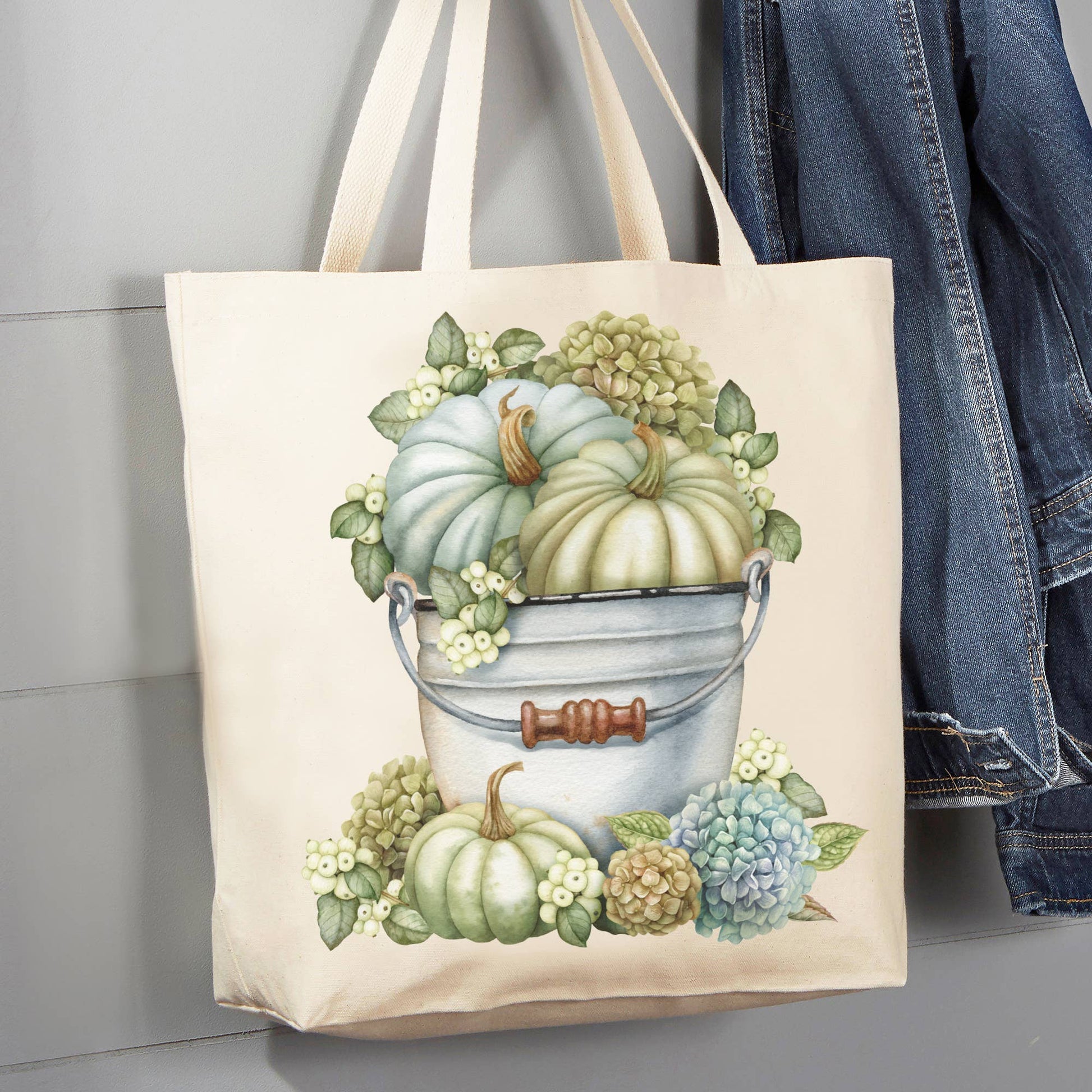 Fall Farmhouse Pumpkin Hydrangea 12 oz Canvas Tote Bag