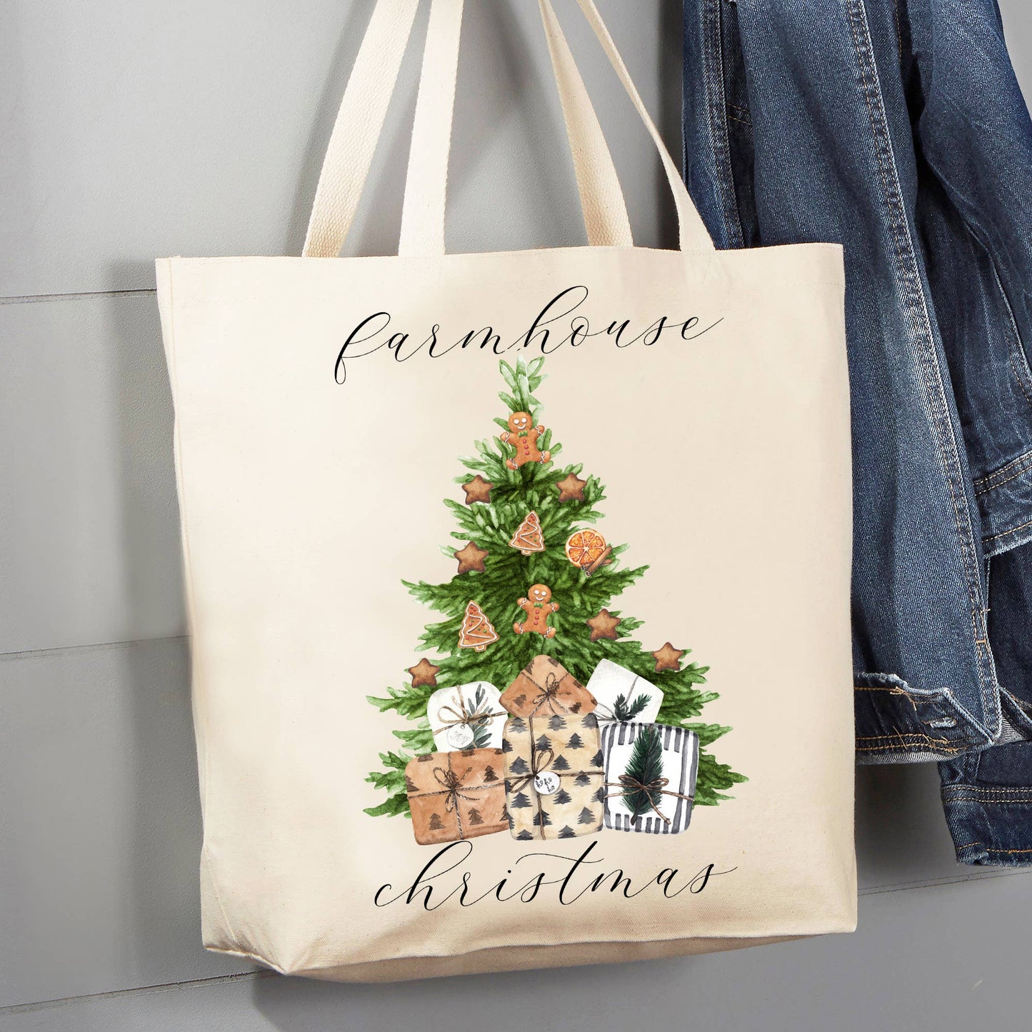 Farmhouse Christmas Tree Gifts 12 oz Canvas Tote Bag