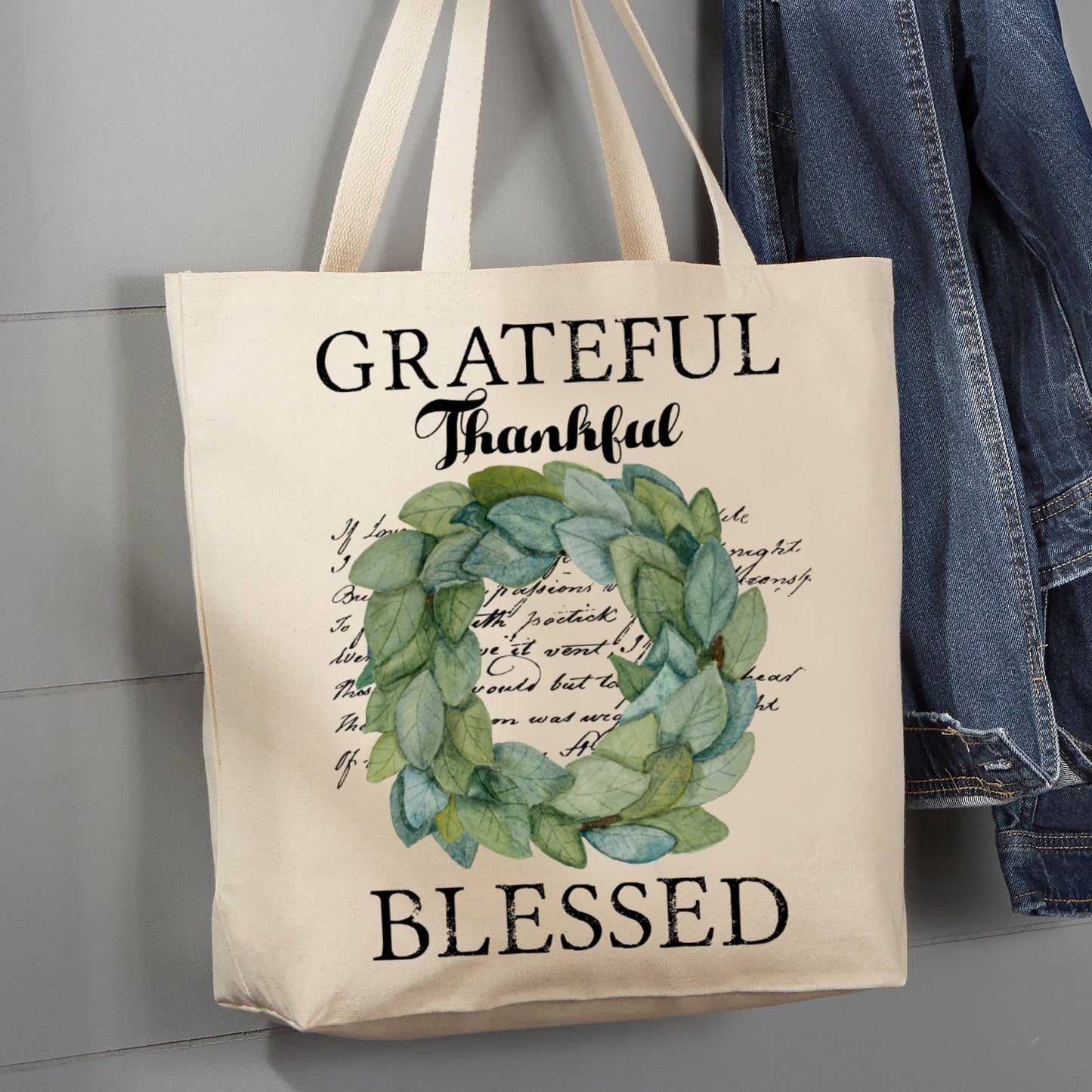 Grateful Thankful Blessed Wreath, 12 oz  Tote Bag