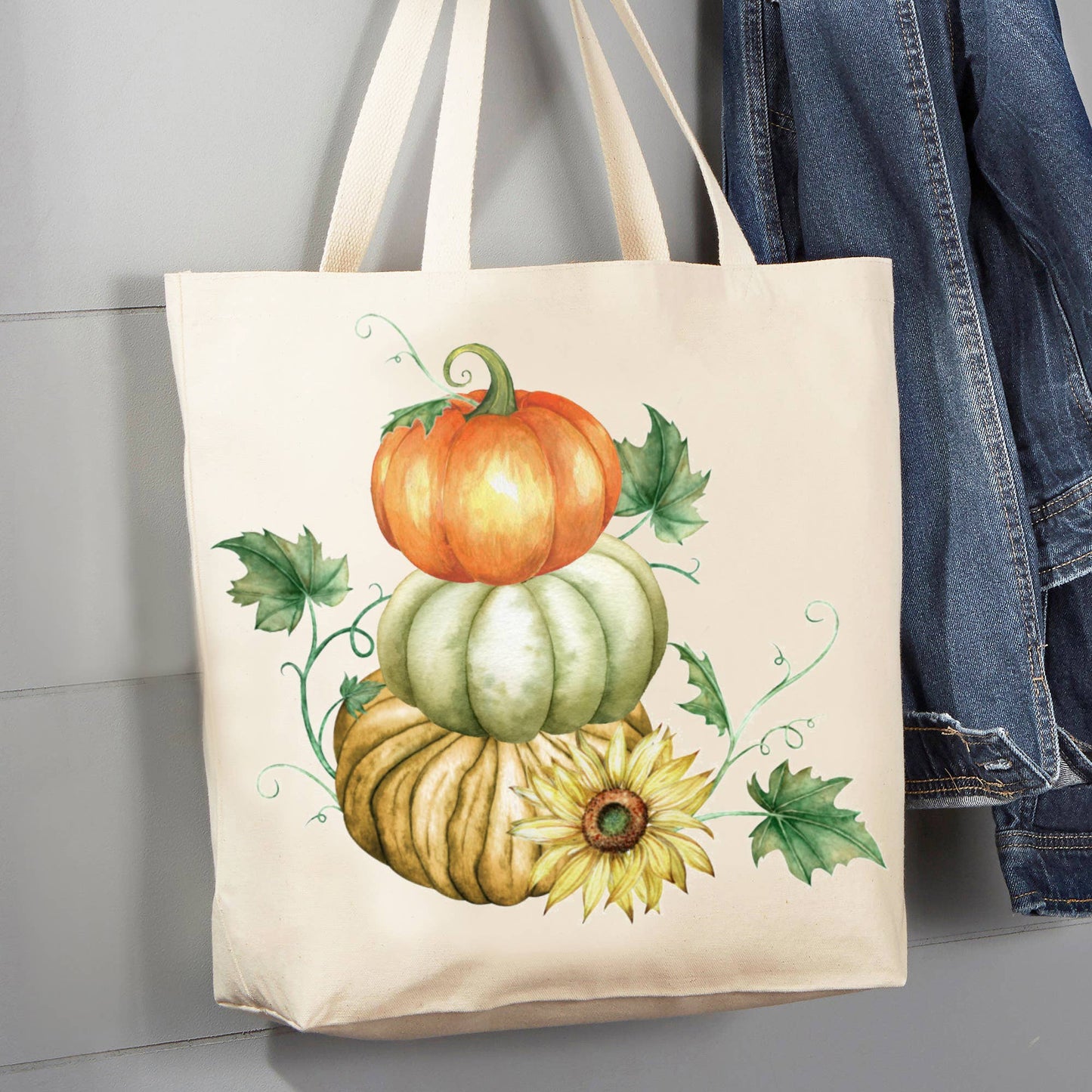 Fall Autumn Stacked Pumpkin 12 oz Cotton Canvas Tote Bag
