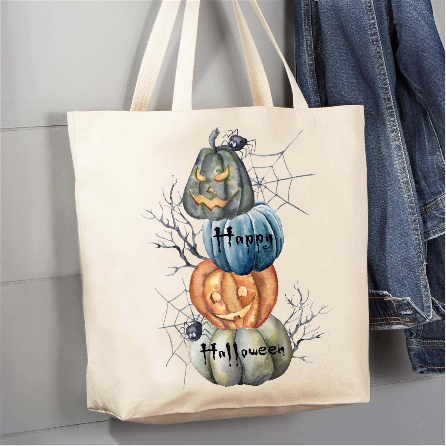 Happy Halloween Stacked Pumpkins 12 oz Canas Tote Bag