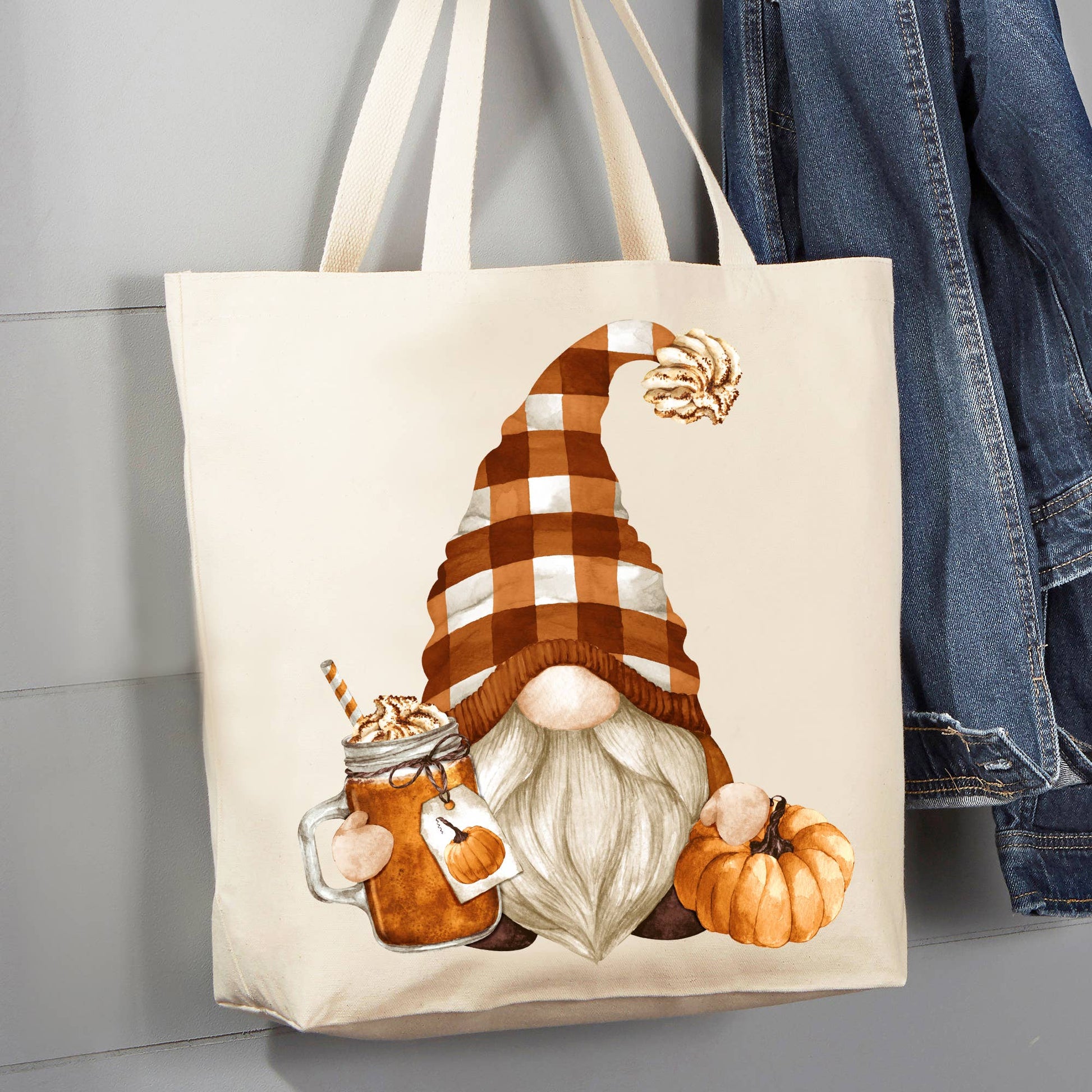 Fall Autumn Gnome Pumpkin Spice Market 12 oz Canvas Tote Bag