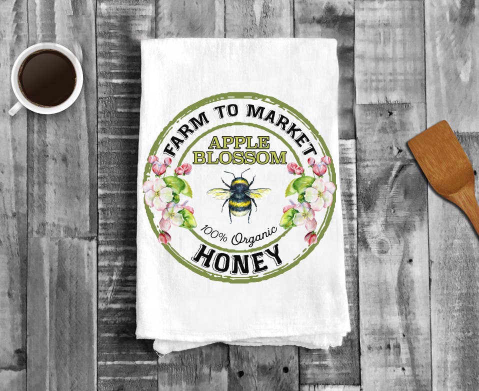 Apple Blossom Honey Bee Farm to Market, Cotton Tea Towels