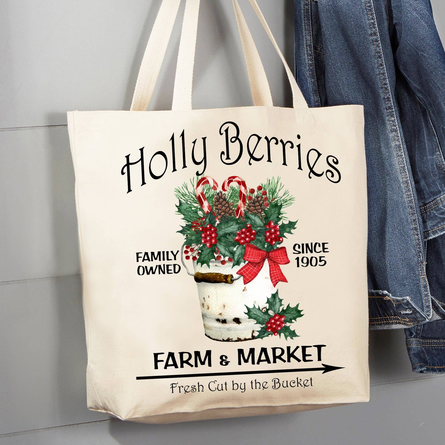 Holly Berry Christmas Farmers Market 12 oz Canvas Tote Bag