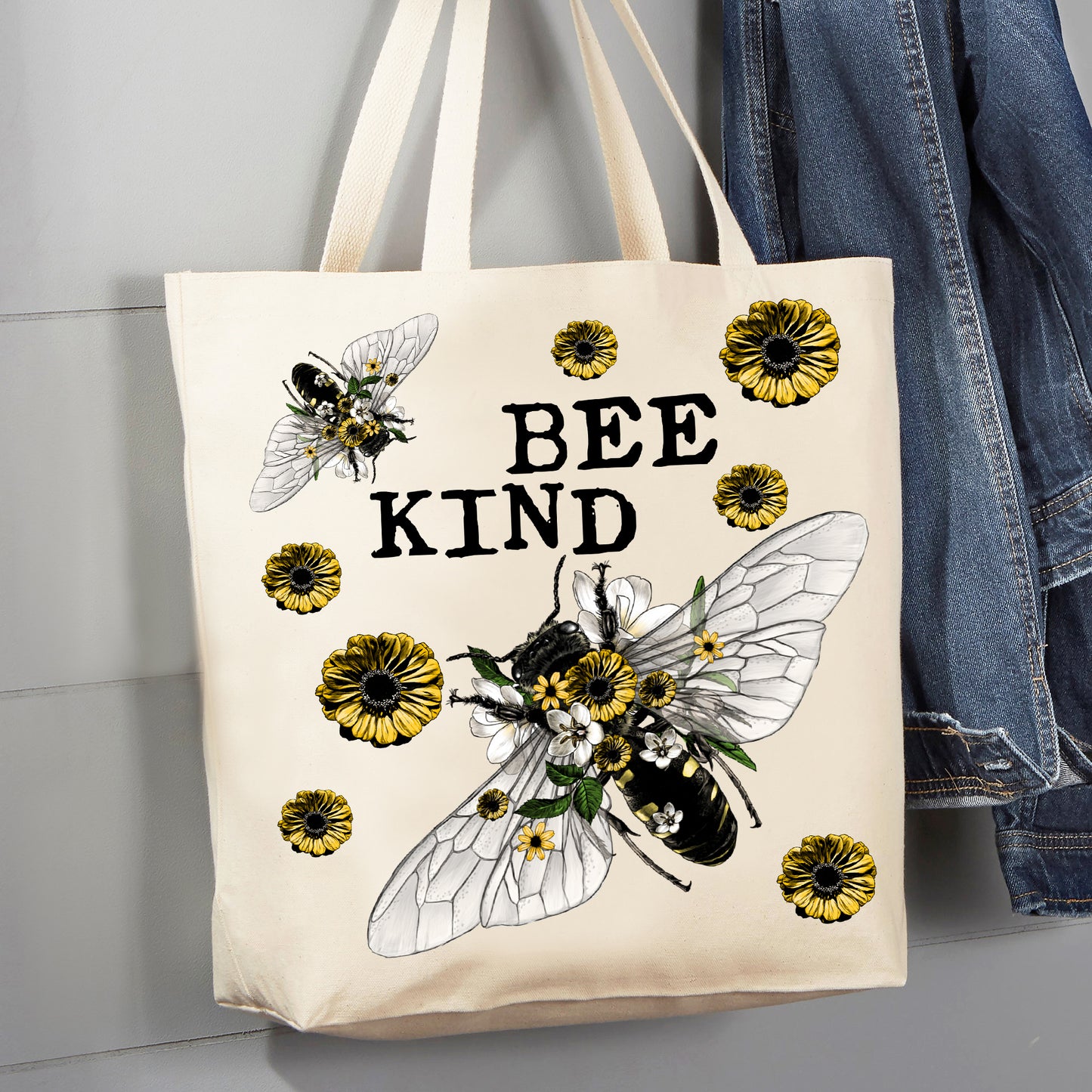 Bee Kind Vintage Flowers Bees 12 oz  Canvas Tote Bag