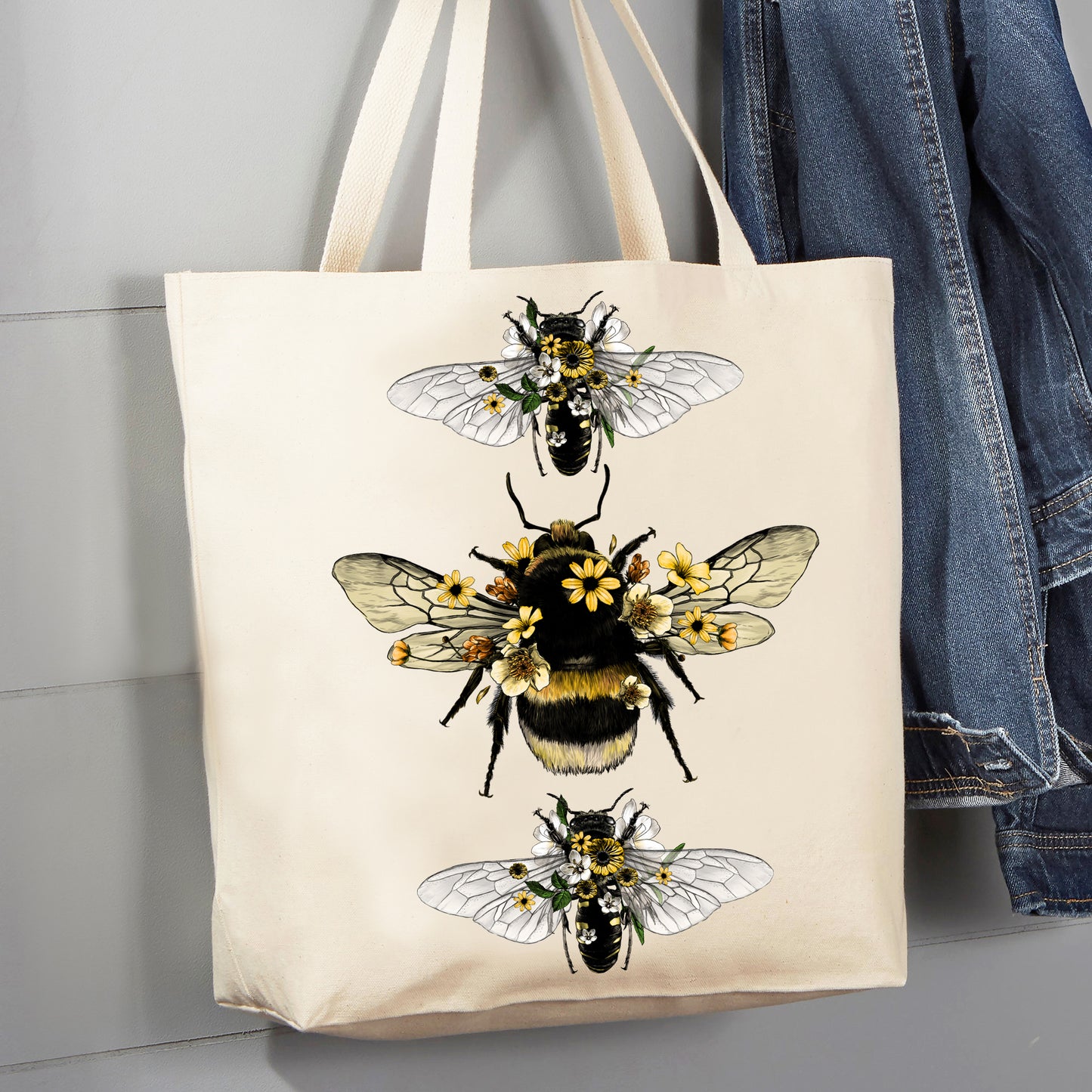 Vintage Bees Flowers Insect 12 oz Canvas Tote Bag