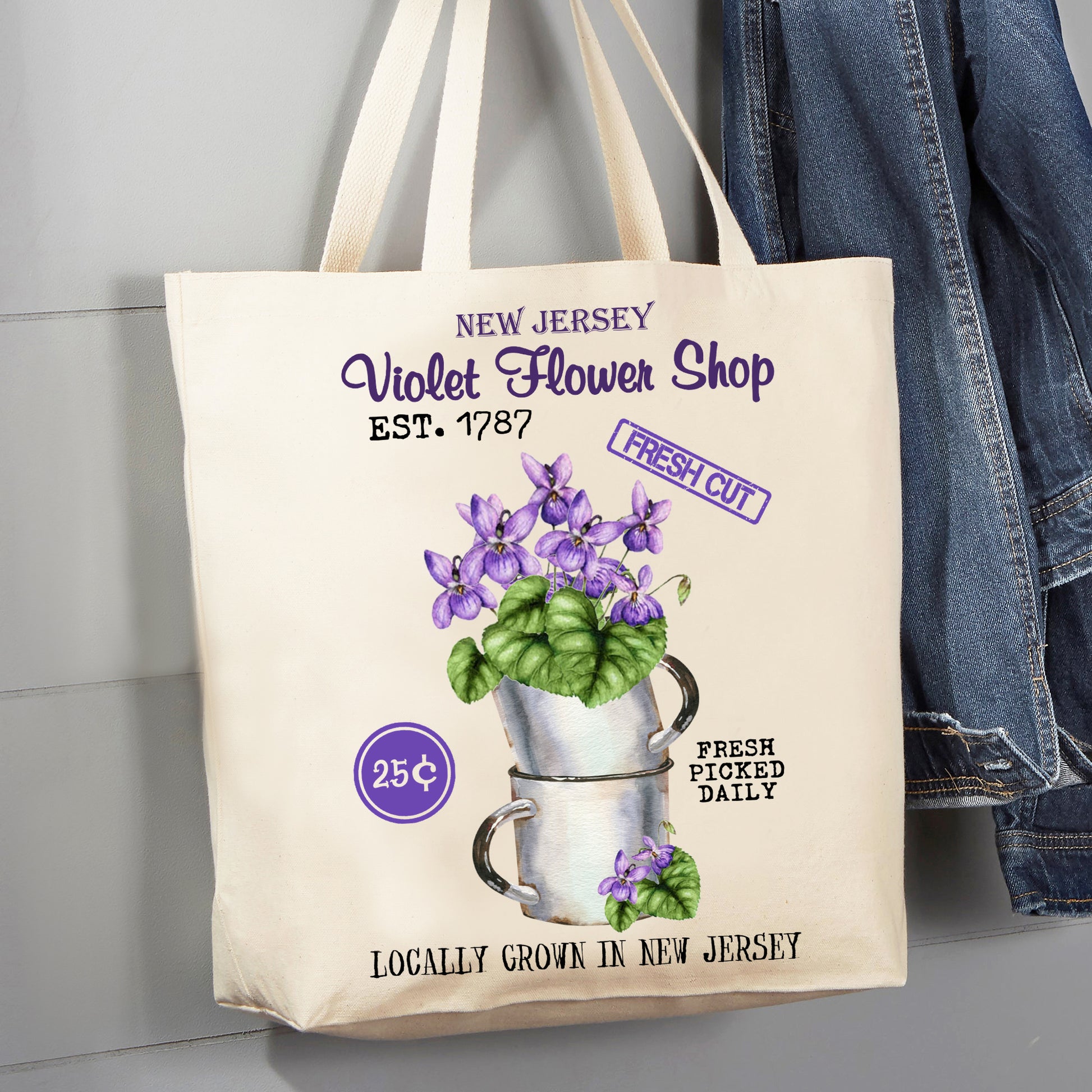 New Jersey State Flower Purple Violet Souvenir 12 oz Canvas Tote Bag