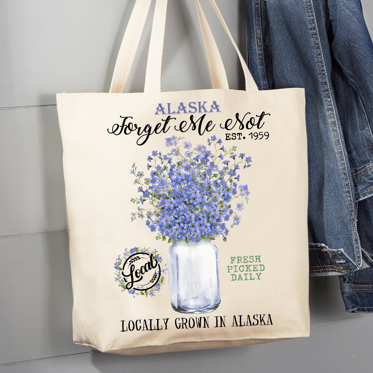 Alaska State Flower Forget Me Not Souvenir 12 oz Canvas Tote Bag