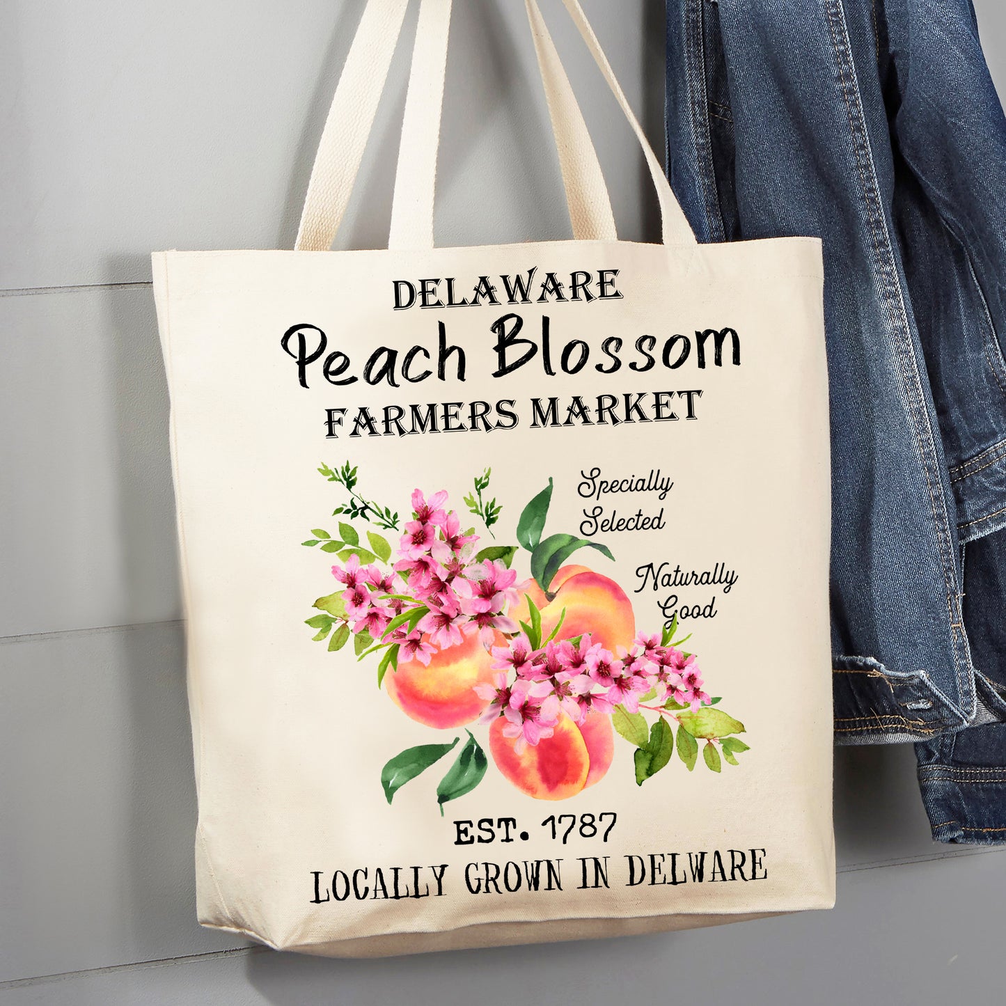 Delaware State Flower Peach Blossom Souvenir 12 oz Canvas Tote Bag