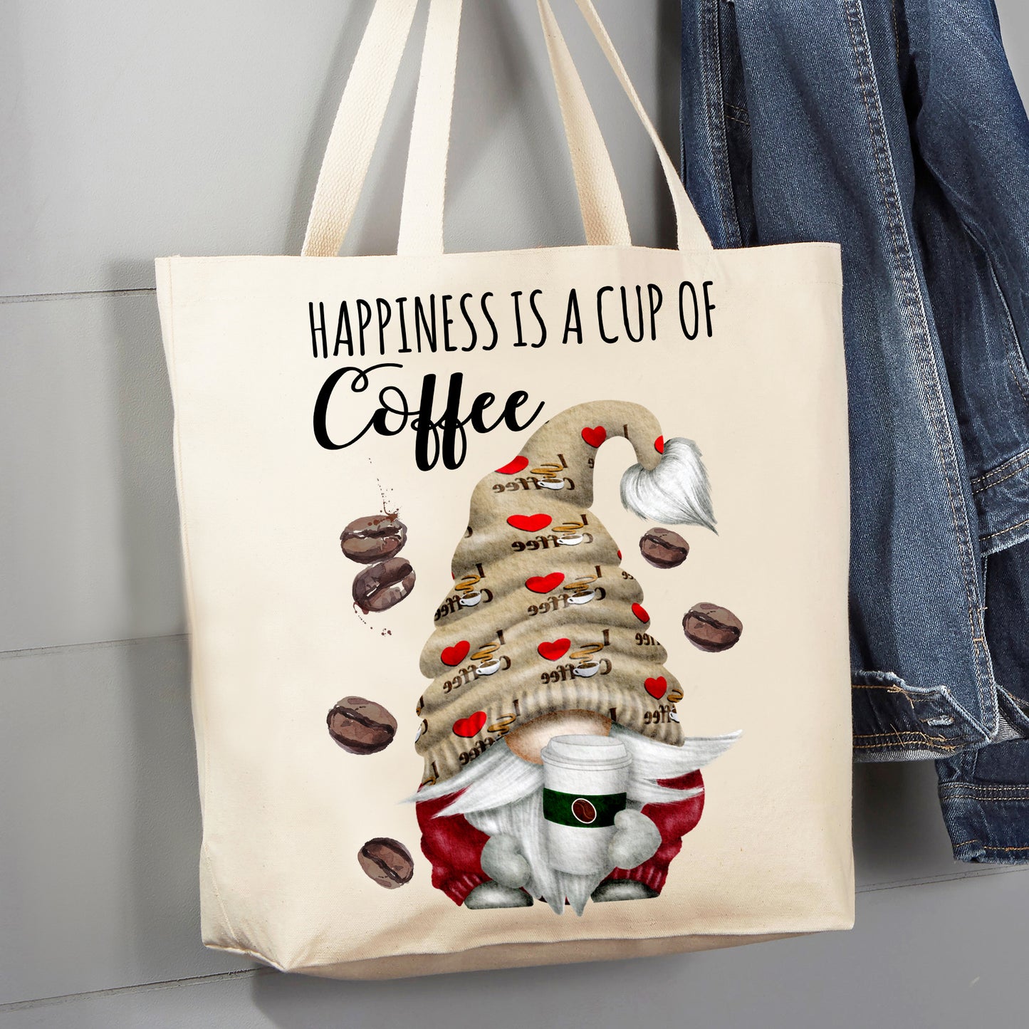 Gnome Happiness Is A Cup of Coffee 12 oz Canvas Tote Bag