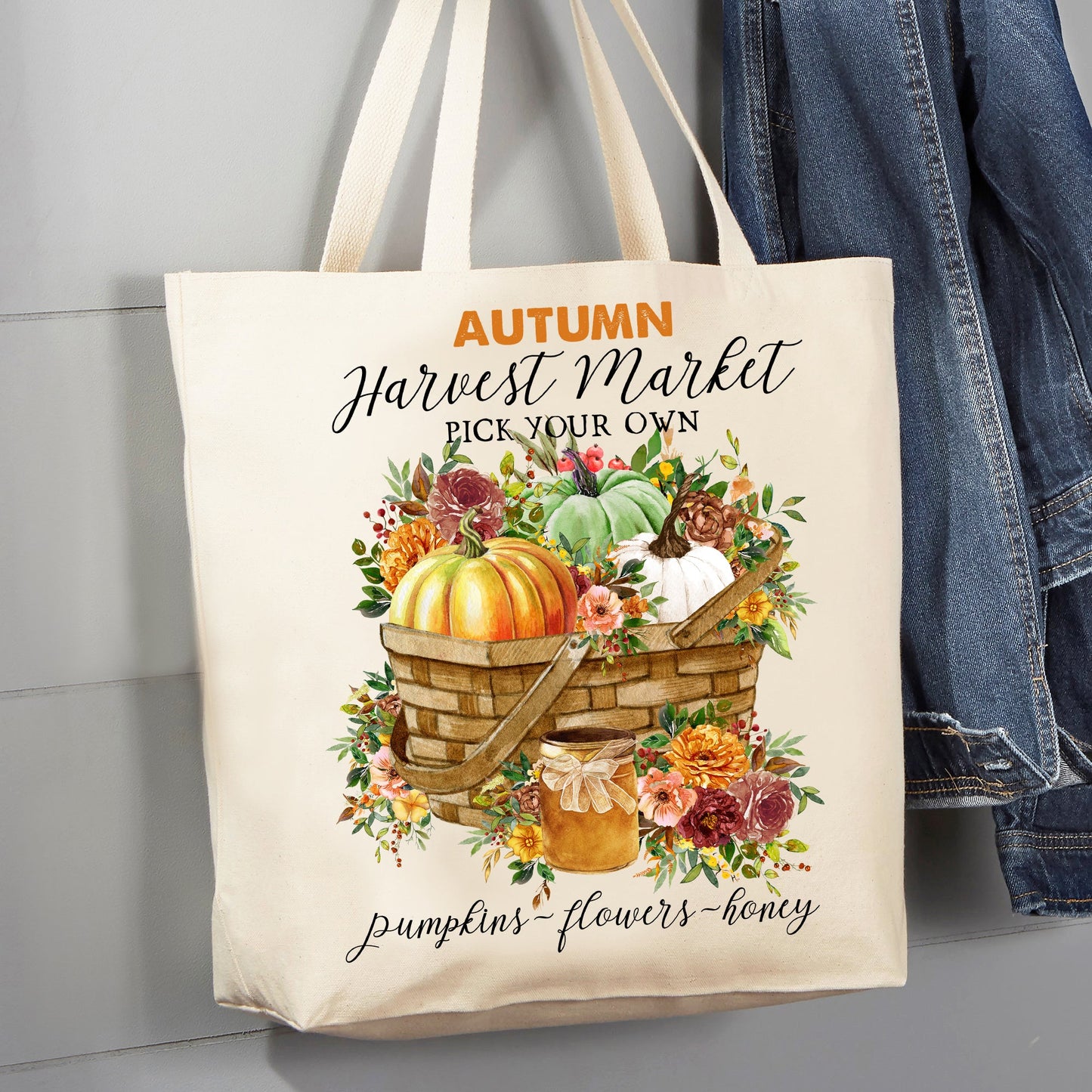 Autumn Fall Harvest Market Pumpkins 12 oz Canvas Tote Bag