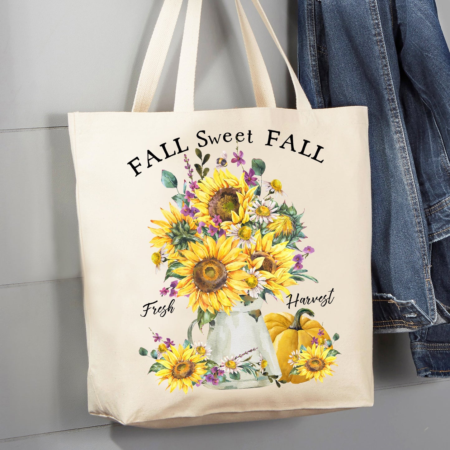 Sweet Autumn Fall Pumpkins Sunflowers Truck 12 oz Canvas Tote Bag