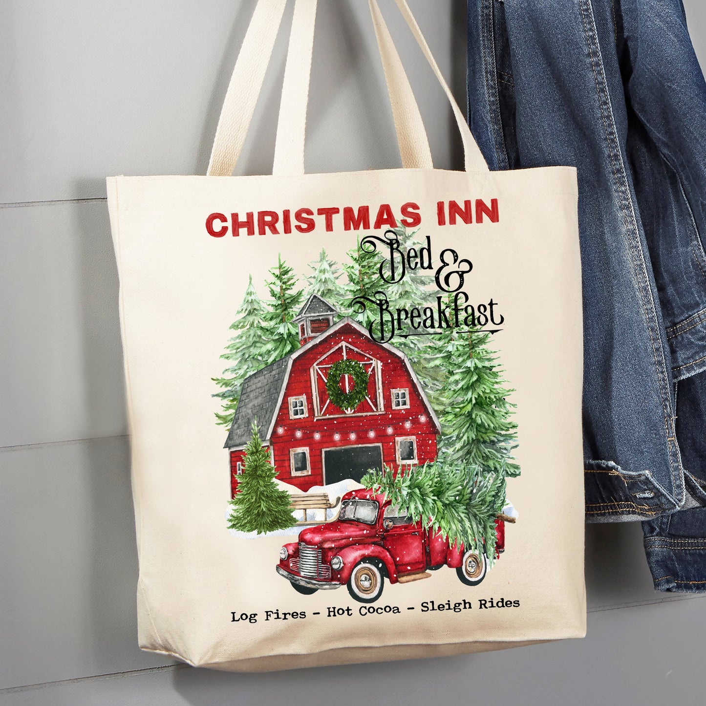 Christmas Inn Red barn Pick Up Truck 12 oz Canvas Tote Bag