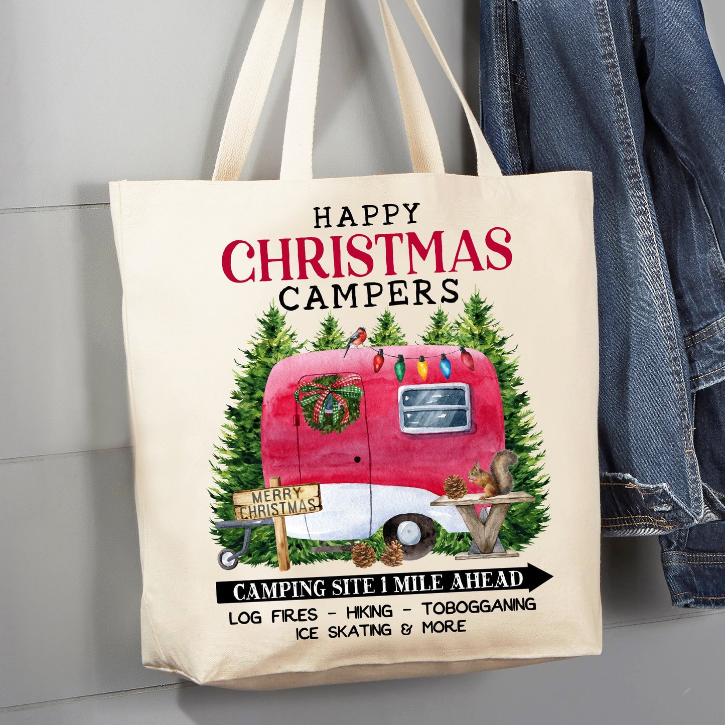 Happy Christmas Campers Trailer 12 oz Canvas Tote Bag