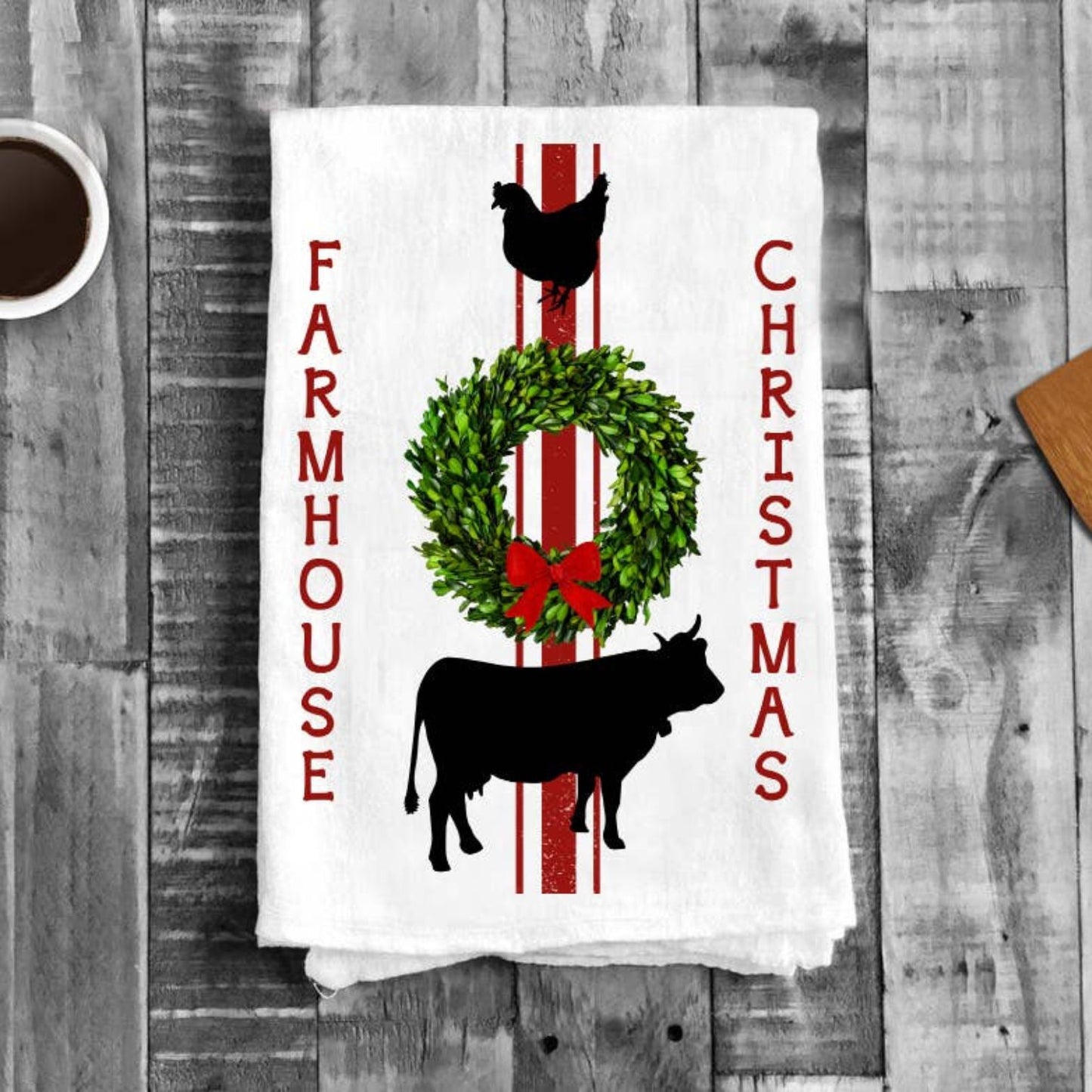 Farmhouse Christmas Wreath Chicken Cow, Cotton Tea Towels
